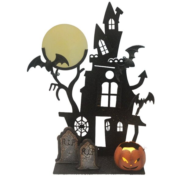 Metal 3D Glittered Halloween Haunted Mansion Scene with Pumpkin Tealight Holder - Picture 1 of 6